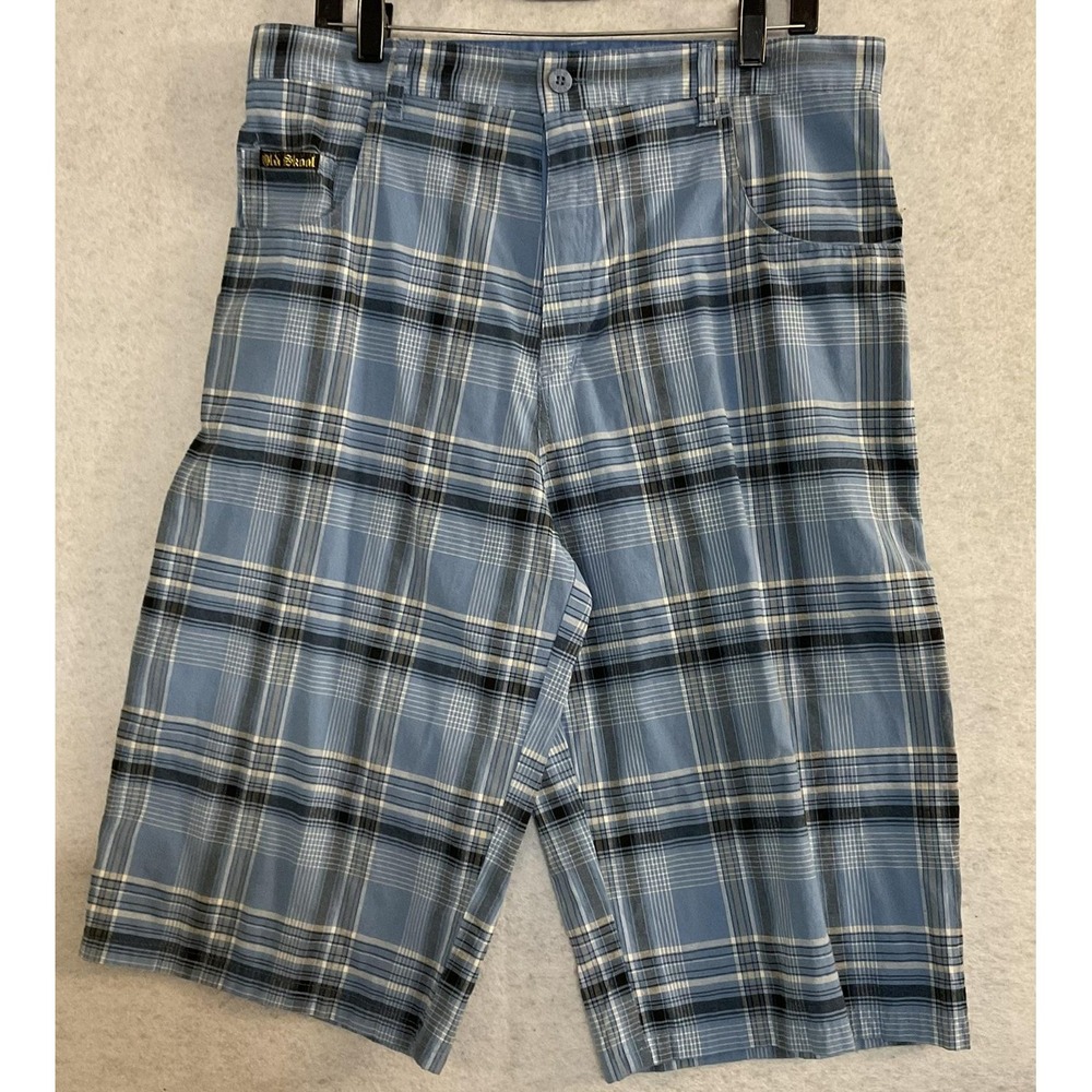 Old Skool Shorts Mens 36 Blue Plaid Cargo Flat Front Zip Fly Pockets Casual